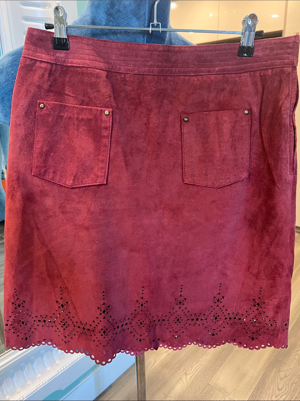 Maeve Burgundy Suede-Look Mini Skirt with Laser-Cut Hem